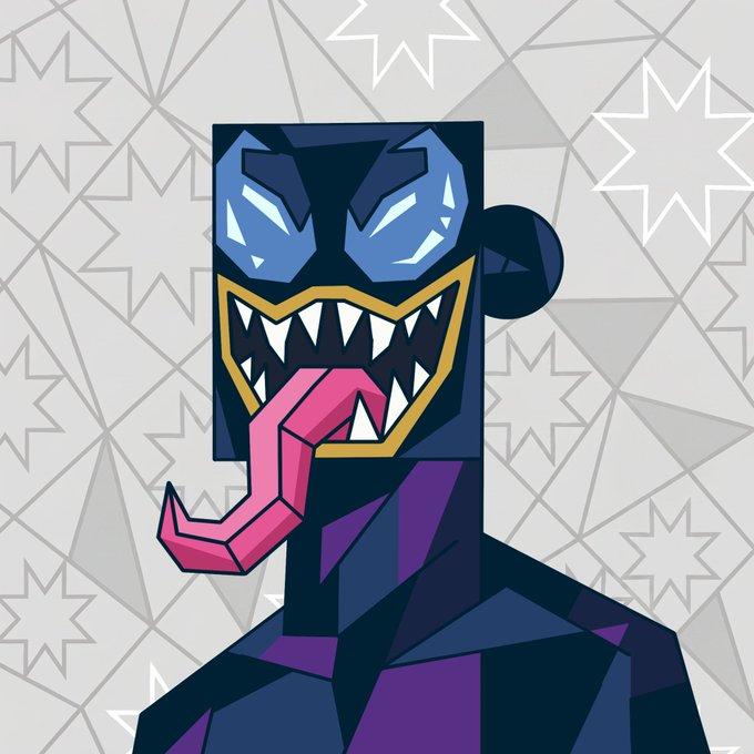 A stylized digital illustration of a dark, monstrous character with glowing blue eyes, sharp teeth, and a protruding pink tongue set against a geometric patterned background.