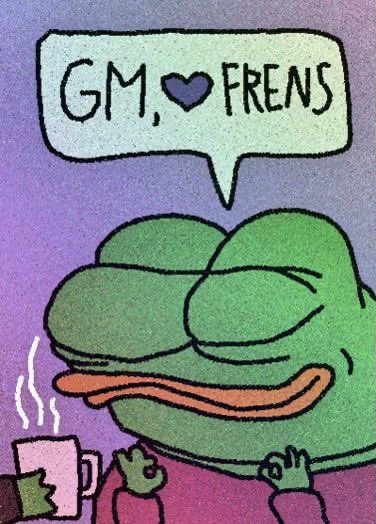 A cartoon illustration of the Pepe the Frog meme character saying 'GM, FRENS' (Good Morning, Friends) while holding a steaming mug.