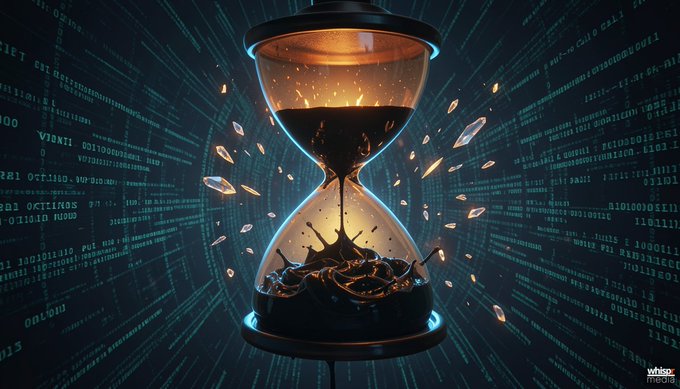 A digital art illustration of an hourglass with golden sand flowing between chambers, surrounded by glowing data streams and code on a teal background, with a Whisp Media watermark.