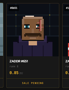 a pixel art NFT listing for ZADDR #651 at rank 8, priced at 0.85 zec, marked as "sale pending"