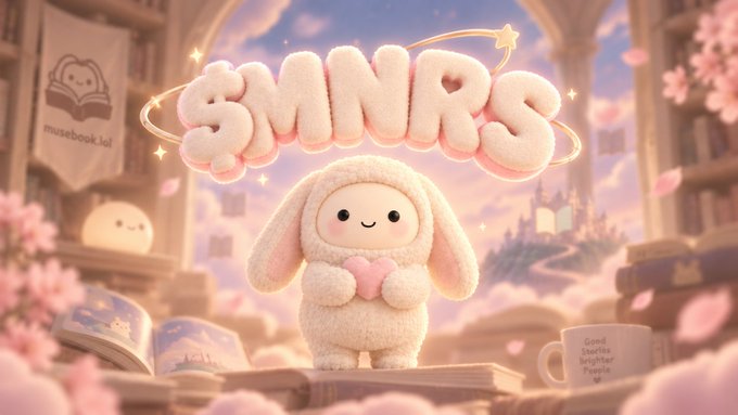 A cute 3D illustration of a fluffy white bunny holding a pink heart under the bubbly pink text 'SMNRS', with a 'musebook.lol' logo in the corner.