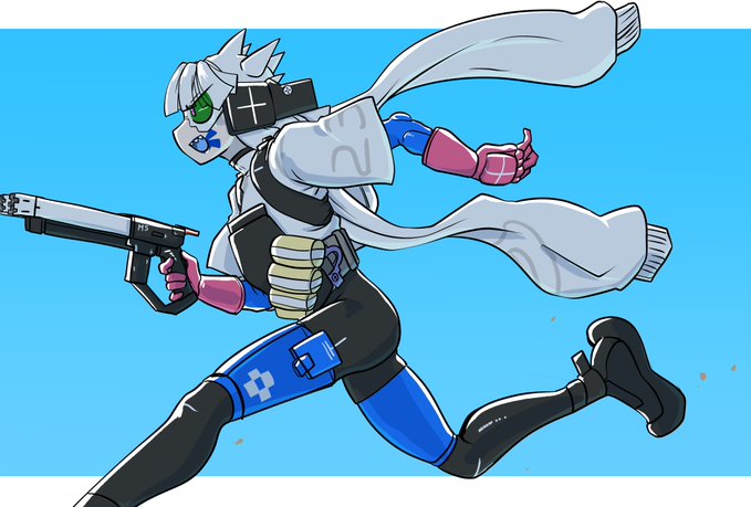 A 2D digital illustration of a white-haired character wearing VR goggles and a scarf, running forward while holding a handgun against a blue background.