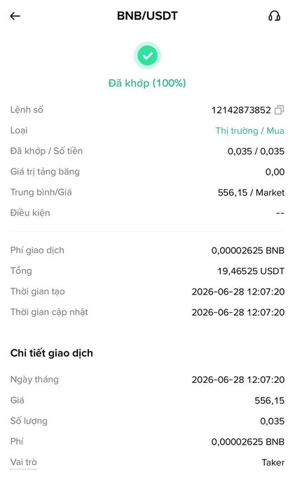 A confirmation screen showing a completed BNB/USDT market buy order for 0.035 BNB at an average price of 556.15 USDT, with a total cost of 19.46525 USDT and a fee of 0.00002625 BNB, executed on 2026-06-28. The transaction details align with the poster's third day of dollar-cost averaging into BNB, reflecting a small, consistent daily purchase as part of their plan to continue buying through October.