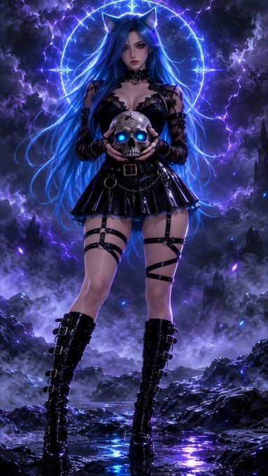 A dark, gothic fantasy figure with flowing blue hair, glowing eyes, and cat-like ears holds an illuminated skull, wearing a black lace and leather outfit with knee-high platform boots against a stormy, magical background. The image pairs with the post's message about resisting darkness, as the character appears caught between light and shadow—holding a luminous skull while surrounded by ominous purple storm clouds and dark terrain.