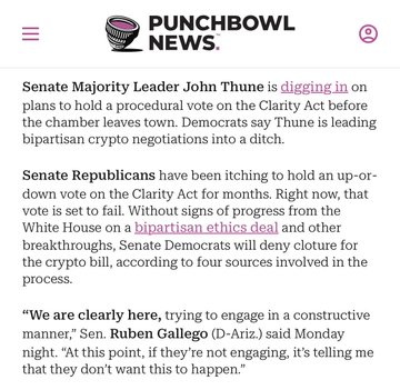 Punchbowl News headline announcing Senate Majority Leader John Thune's push to hold a procedural vote on the Clarity Act before the August recess, despite opposition from Senate Democrats citing ethics concerns over the Trump family's crypto dealings.