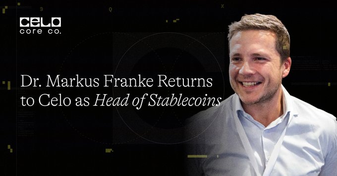 The image features a man wearing a white shirt with his face visible against a black background, smiling for the camera. The text "Dr. Markus Frankne Returns to Celo as Head of Stablecoins" is written above him, indicating that he has returned to Celo as the head of stablecoins.