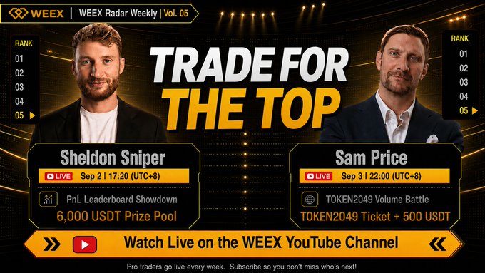 This promotional banner for "WEEX Radar Weekly | Vol. 05" advertises two upcoming livestreams featuring traders Sheldon Sniper (@Sheldino_D) hosting a PnL Leaderboard Showdown on Sep 2 at 17:20 (UTC+8) with a 6,000 USDT prize pool, and Sam Price (@CryptoLifer33) hosting a TOKEN2049 Volume Battle on Sep 3 at 20:00 (UTC+8) offering a TOKEN2049 ticket plus 500 USDT, both available on the WEEX YouTube Channel. The image visually reinforces the post's "Trade for the Top" theme by displaying the two featured hosts alongside their respective stream details and leaderboard rankings.