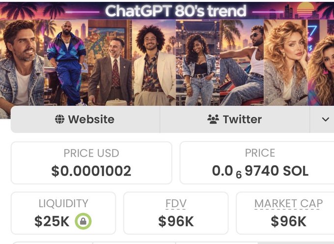 A cryptocurrency page titled 'ChatGPT 80's trend' showing a banner of 1980s-styled figures, with price listed as $0.0001002 USD or 0.06 9740 SOL, $25K liquidity, $96K FDV, and $96K market cap.