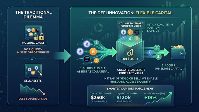 A DeFi infographic titled 'THE DEFI INNOVATION: FLEXIBLE CAPITAL' by DeFi_JUST illustrating a Collateral Smart Contract Vault, showing $250k collateral value accessing $120k liquidity with +18% position gain.
