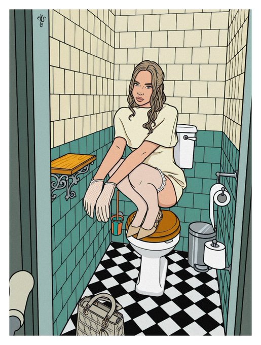 An illustrated artwork of a woman with long brown hair sitting on a toilet in a tiled bathroom, wearing a t-shirt and gloves.