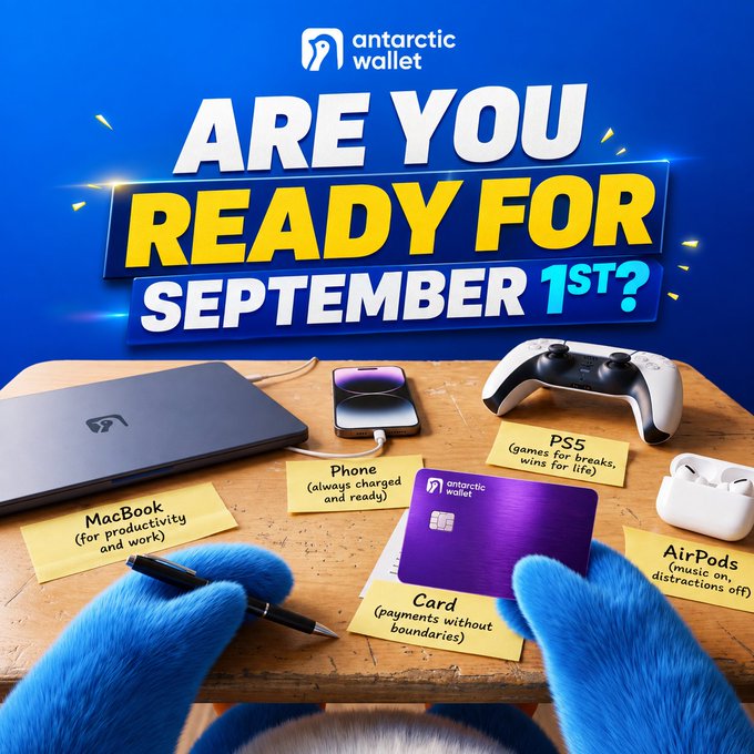 An advertisement for Antarctic Wallet titled 'ARE YOU READY FOR SEPTEMBER 1ST?' featuring a MacBook, PS5 controller, AirPods, phone, and their card with humorous sticky note descriptions, viewed from behind blue furry character hands.