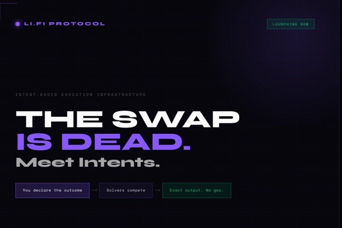 The image shows a website with a purple background featuring white text that reads "The swap is dead. Meet intentions." The website appears to be related to a game or competition, as indicated by the use of the word "intentions" in the title. It seems like an interesting concept where participants are given directions and must navigate through various challenges to reach their destination. The image does not contain any other objects or text besides the purple background with white text.