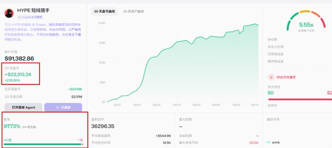 A financial dashboard screenshot in Chinese, titled 'HYPE 短线猎手', showing a portfolio value of $91,382.86 with a 30-day profit of +$23,313.24.