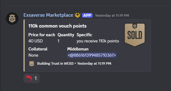 A Discord marketplace listing from 'Exsaverse Marketplace' showing a SOLD item for 40 USD - 110k common vouch points, quantity 1, marked as SOLD.