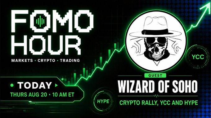 A promotional graphic for "FOMO HOUR" featuring a pixelated green logo with "MARKETS • CRYPTO • TRADING" tagline, announcing a Thursday August 20 episode at 10 AM ET with guest "Wizard of Soho" discussing crypto rally, YCC, and hype, set against a green candlestick chart with a skull-in-fedora mascot.