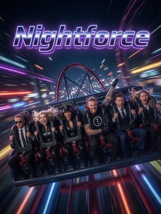 A vibrant promotional poster for 'Nightforce' featuring six people riding a roller coaster through a neon-lit cityscape at night.