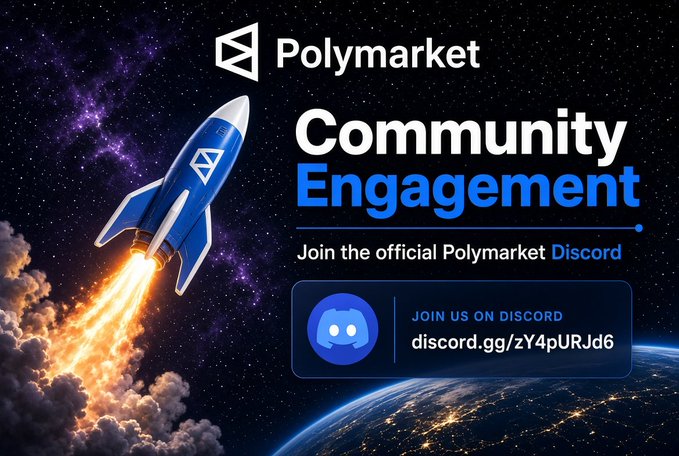 A promotional banner for 'Polymarket Community Engagement,' featuring a blue rocket launching from Earth into space, with text directing viewers to 'discord.gg/zY4pURJd6.'