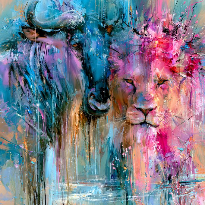 A vibrant, colorful painting featuring a blue buffalo/cow on the left and a pink lion on the right, with expressive brushstrokes and dripping paint effects.