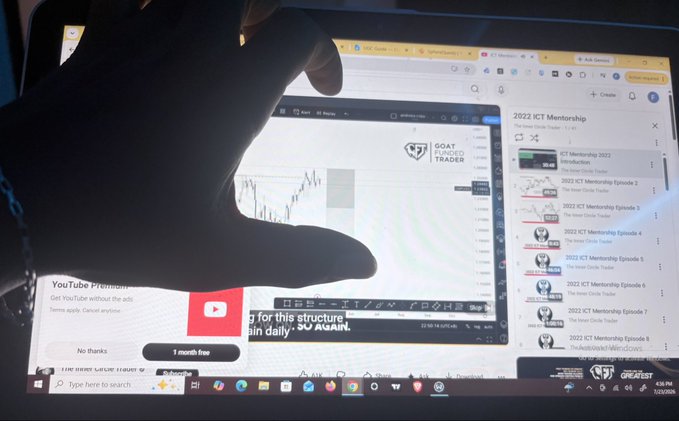 A hand reaching toward a laptop screen displaying a YouTube page with a trading chart from 'The Inner Circle Trader' showing ICT Mentorship 2022 video episodes in a sidebar.
