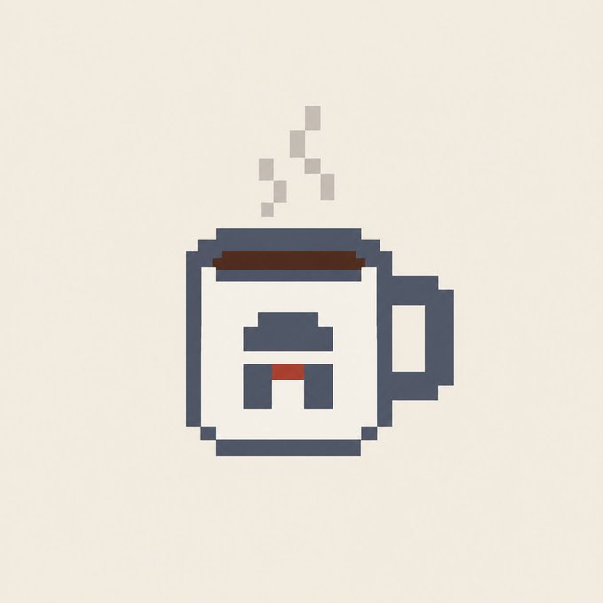 A pixel art illustration of a steaming coffee mug with a face design on a beige background.