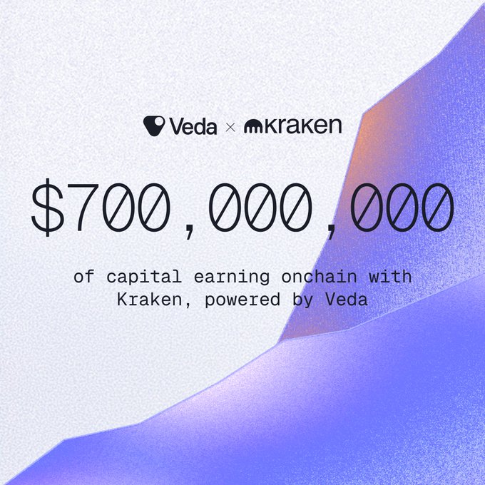 A promotional graphic featuring logos for 'Veda' and 'Kraken' with the text '$700,000,000 of capital earning onchain with Kraken, powered by Veda' on a purple and white background.