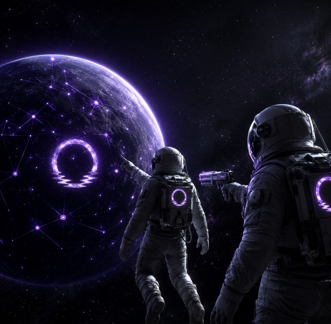 The image features two space-faring men dressed as astronauts, standing in front of a large purple planet with a ring around its center. One man has a gun pointed at the other, suggesting they are preparing for an action or mission. The backdrop is a dark sky filled with stars and planets, creating a sense of depth and vastness. The post reads "Something massive is quietly brewing on Moonbeam Polkadot's EVM king is preparing a surprise that could shift the game! The beam is aligning $DOT $GLMR". This implies that there might be an unexpected event or discovery related to the planet they are observing, possibly involving the EVM king and his connection to the celestial bodies.