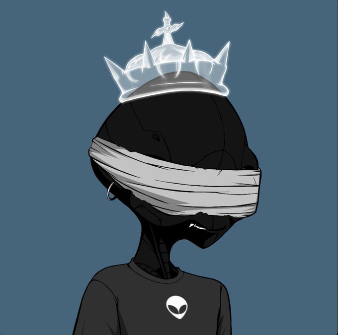 A digital illustration of a black humanoid figure wearing a glowing white crown and a cloth blindfold, featuring an alien head logo on its shirt against a slate blue background.
