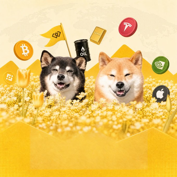 Two smiling Shiba Inu dogs sit in a field of yellow flowers surrounded by floating icons representing Bitcoin, gold, oil, gold flag, Tesla, Nvidia, Apple, and Binance cryptocurrency.