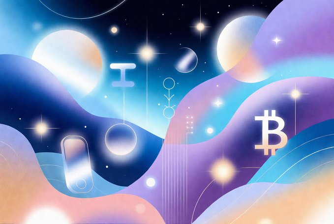 An abstract digital illustration with cosmic elements including planets, stars, and cryptocurrency symbols like Bitcoin (₿).