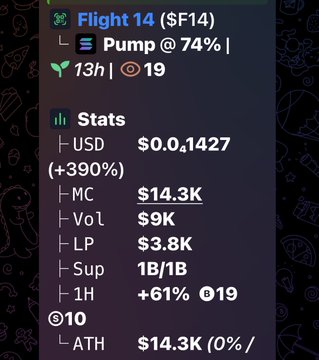 Cryptocurrency tracking app interface showing 'Flight 14 ($F14)' with 'Pump @ 74%', stats including a USD price of $0.01427, MC of $14.3K, Vol of $9K, LP of $3.8K, and ATH of $14.3K.