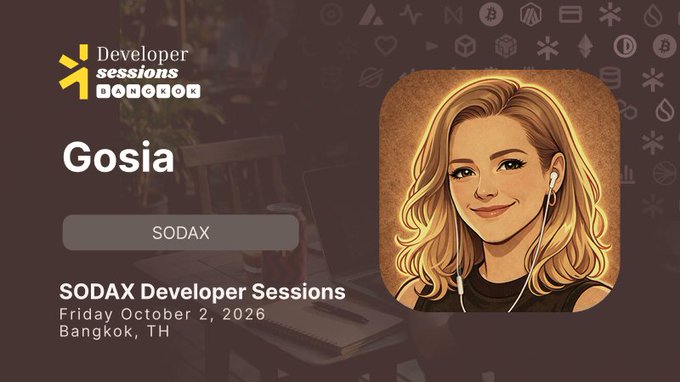 An event flyer for "Developer sessions BANGKOK" featuring an illustrated portrait of "Gosia" from SODAX, scheduled for Friday October 2, 2026 in Bangkok, TH.
