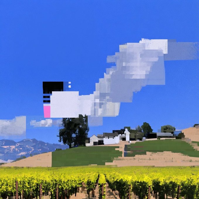 A surreal, pixelated landscape featuring a vineyard in the foreground, rolling hills, and a clear blue sky disrupted by glitchy, blocky cloud-like shapes and a small black figure with a pink square.
