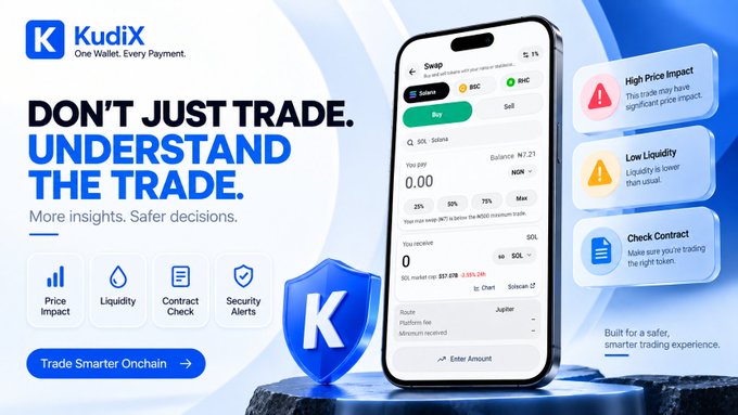 An advertisement for 'KudiX' cryptocurrency wallet with the tagline 'DON'T JUST TRADE. UNDERSTAND THE TRADE.' featuring features like Price Impact, Liquidity, Contract Check, and Security Alerts.