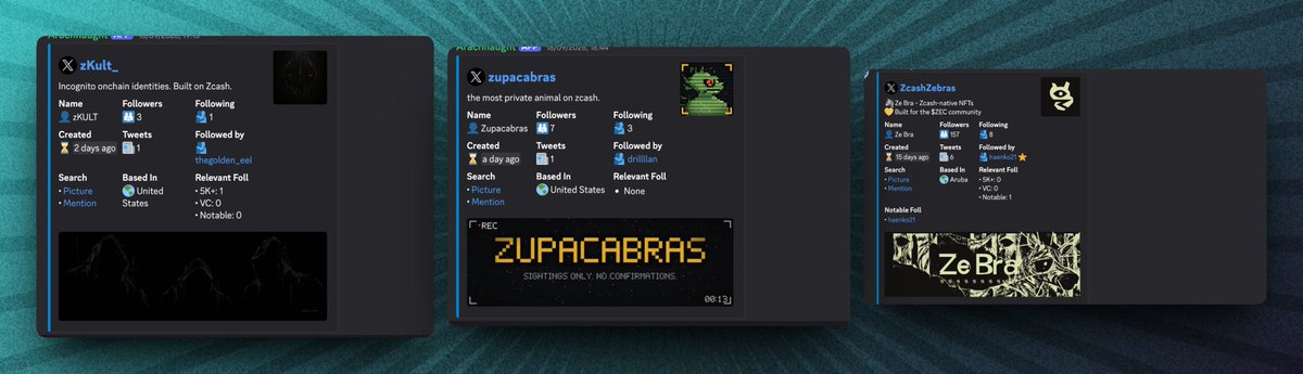 Three dark-themed digital profile cards displaying names like "zKult", "zupacabras", and "ZcashZebras" with follower counts and pixel art, including a central banner reading "ZUPACABRAS SIGHTINGS ONLY. NO CONFIRMATIONS."
