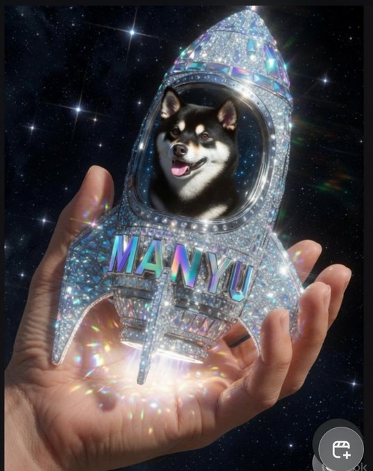 The image features a hand holding a silver rocket ship with a black and white dog sitting inside of it. The rocket has a name tag that reads "MANYU" along with the phrase "To the Moon with MANYU Hold on tight Manyu Fam.. This diamond !" encrusted rocket, which is designed to look like a spaceship. The caption below the image suggests that this rocket ship was created for those who believe in diamond hands and Luna voyages.