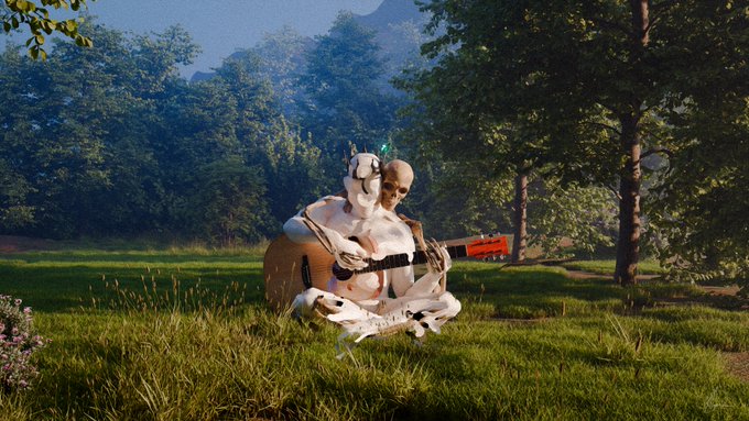 A robot-like humanoid figure sitting cross-legged in a grassy field, playing an acoustic guitar with a red electric guitar visible nearby.