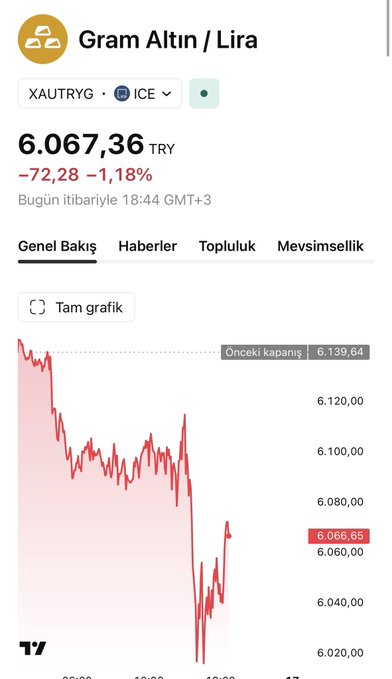 The image shows a Google Finance chart for Gold/Turkish Lira (XAUTRY) trading at 6,067.36 TRY, down 72.28 (-1.18%) on the day, with the intraday graph revealing a sharp sell-off from the previous close of 6,139.64 toward the 6,020 area. This visually confirms the post's frustration about being "screwed" after buying at 6,200, as the price has continued sliding lower rather than rallying toward the poster's 6,500 target.