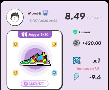 A STEPN app screen for 'MaruFB' dated 15/07/2026 earning 8.49 GST/Min from a Level 30 Jogger sneaker (138761177), with slots full.