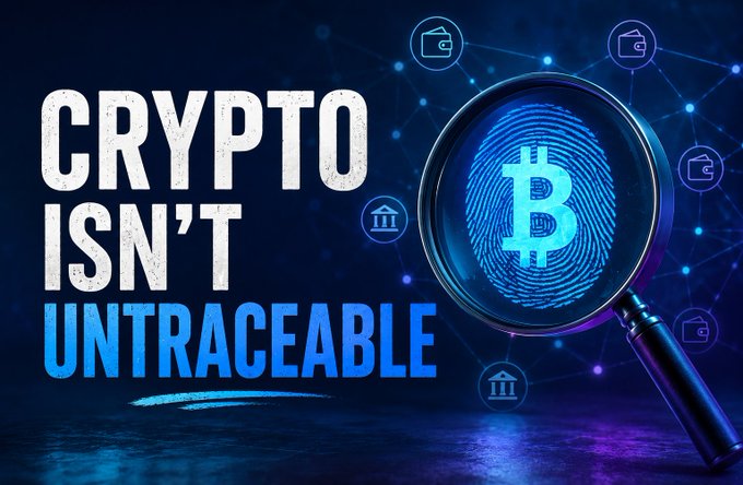 Graphic with text "CRYPTO ISN'T UNTRACEABLE" alongside a Bitcoin fingerprint under a magnifying glass, set against a blue digital network background.