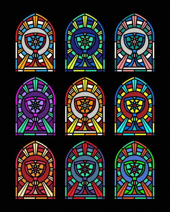 A pop art style illustration featuring a 3x3 grid of colorful stained glass window designs on a black background.