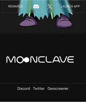A Moonclave promotional graphic with cartoon poop emoji legs, featuring Discord, X, and 'LAUNCH APP' buttons and links to Discord, Twitter, and Dexscreener.