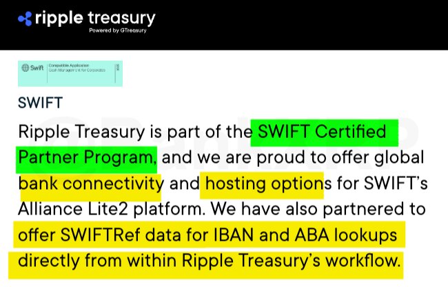 A screenshot from Ripple Treasury's website highlights its SWIFT Certified Partner Program status, noting capabilities for global bank connectivity, hosting options for SWIFT's Alliance Lite2 platform, and SWIFTRef data lookups for IBAN and ABA directly within Ripple Treasury's workflow—supporting the post's claim that Ripple Treasury integrates with SWIFT's messaging infrastructure rather than replacing it.