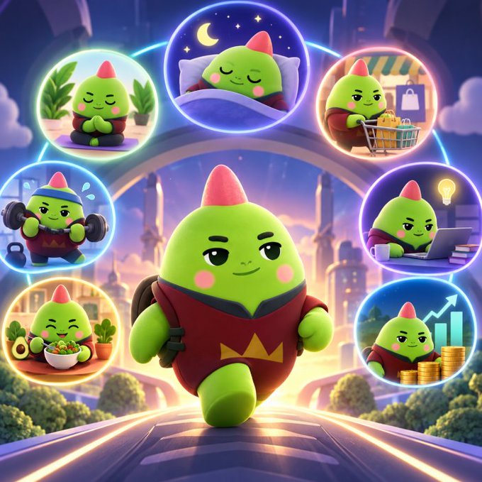 A cheerful green blob-like character with a pink horn and red outfit walks confidently through a futuristic cityscape, surrounded by glowing orbs depicting various lifestyle activities: meditation, sleep, shopping, fitness, eating healthy food, working/studying, and financial growth (with stacks of coins and an upward arrow chart). The image visually represents Sleepagotchi's evolution into Gotchi Labs, illustrating the brand's expansion beyond sleep into a comprehensive ecosystem of AI-powered wellness agents covering health, daily habits, productivity, and personal finance.