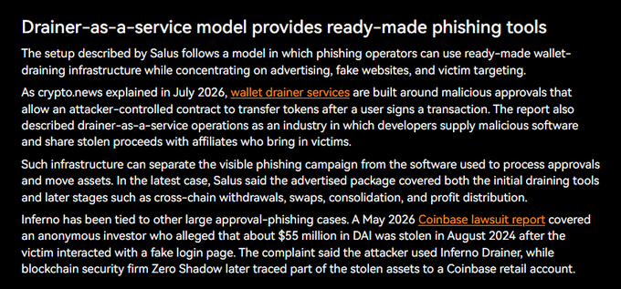An article titled "Drainer-as-a-service model provides ready-made phishing tools" explaining how phishing infrastructure is sold, mentioning wallet drainer services and a $55 million theft tied to Coinbase.