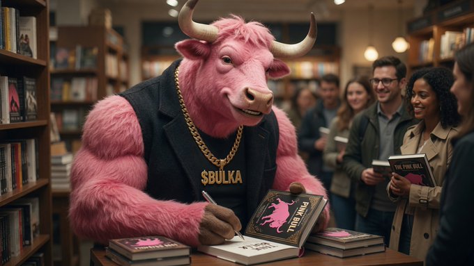 A pink, furry bull mascot wearing a gold "$BULKA" chain and "THE PINK BULL" shirt signs copies of "Pink Bull" books at a bookstore signing, with fans gathered around — visually embodying the playful, community-driven spirit of the Pink Bulka memecoin project promoted in the post.