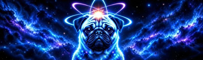 A vibrant, cosmic illustration featuring a blue pug with glowing pink atomic orbital lines drawn over its head, set against a swirling blue and purple starry nebula background.