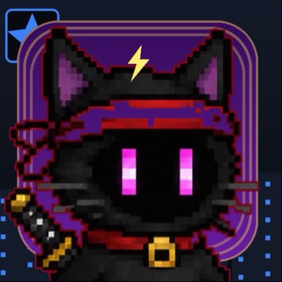 A pixel art illustration of a black cat character with glowing pink eyes, wearing a red bandana and belt, holding a small sword against a purple background.