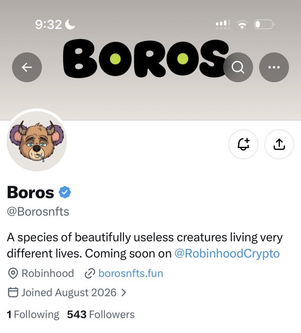 The image shows the Twitter/X profile page for "Boros" (@Borosnfts), a verified account with 543 followers featuring a cartoon hamster-like creature as its profile picture, with the bio describing it as "A species of beautifully useless creatures" launching on Robinhood Crypto. This aligns with the post promoting it as "Early Alpha" with WL applications available at borosnfts.fun, emphasizing the early opportunity at its current low follower count of 543.