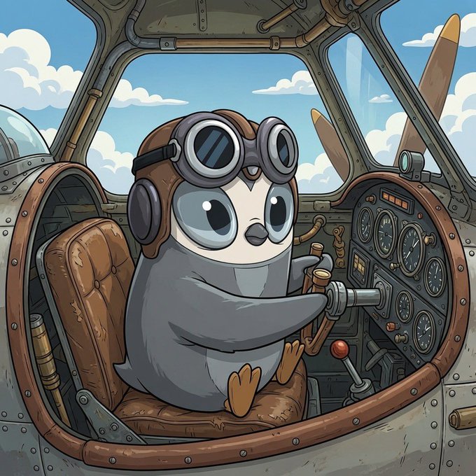 A cartoon illustration of a cute penguin wearing aviator goggles and a flight cap, sitting in the cockpit of an airplane and gripping the control stick.