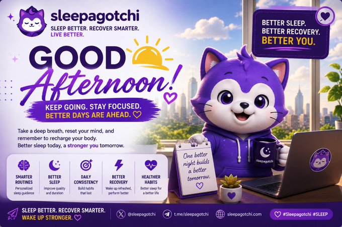 Promotional graphic for 'Sleepagotchi' featuring a purple cartoon cat mascot holding a book that says 'One better night builds a better tomorrow,' with messages about better sleep and recovery.